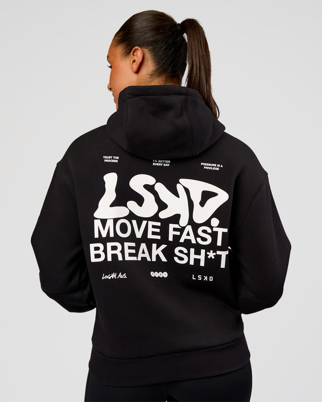 Woman wearing Run Fast Lift Heavy Hoodie - Black-White | Model:Rosie | Size:S