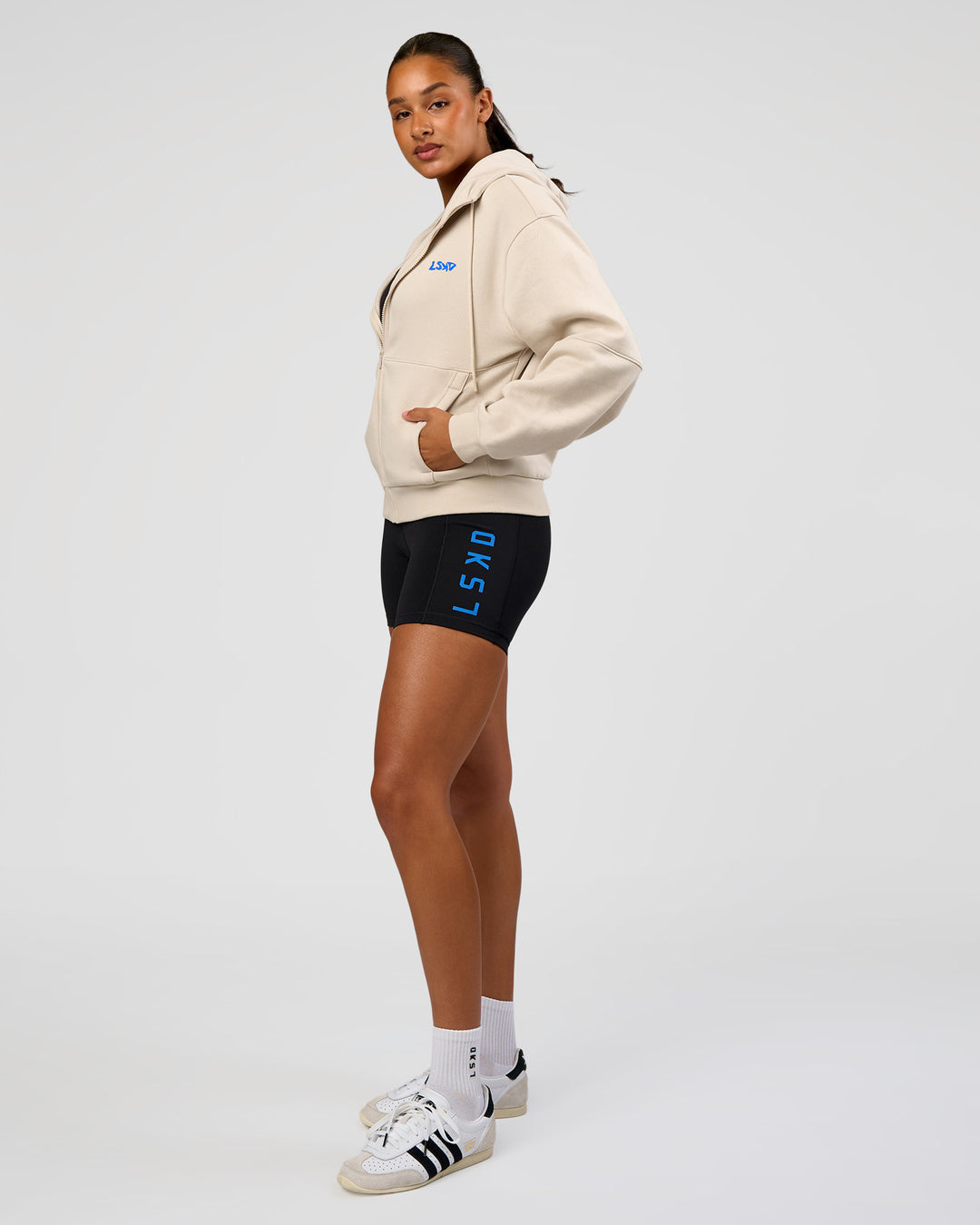 Woman wearing Run Fast Lift Heavy Hoodie - Clay-Palace Blue | Model:Rosie | Size:S