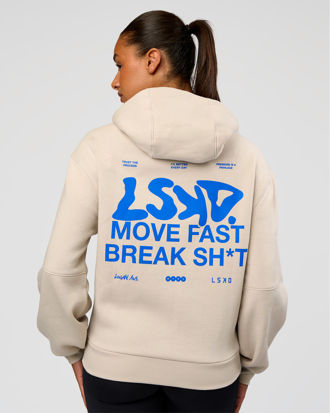 Woman wearing Run Fast Lift Heavy Hoodie - Clay-Palace Blue | Model:Rosie | Size:S