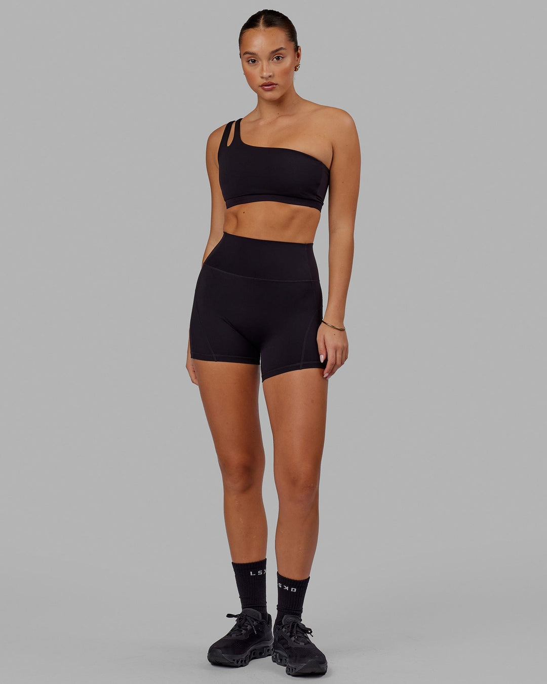 Woman wearing Set Up Sports Bra - Black