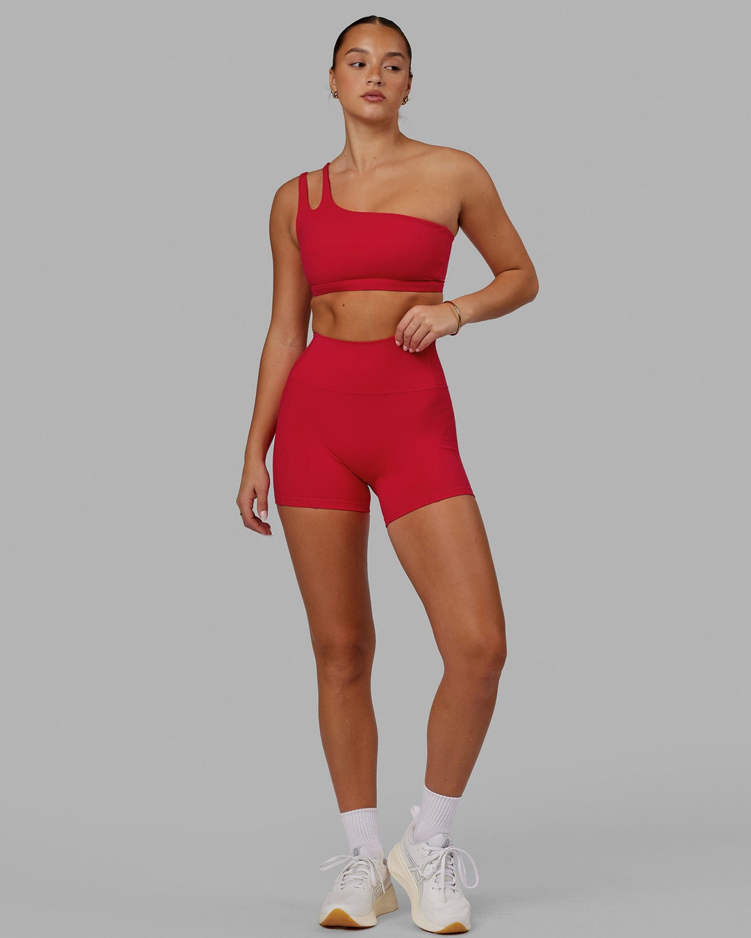 Woman wearing Set Up Sports Bra - Scarlet