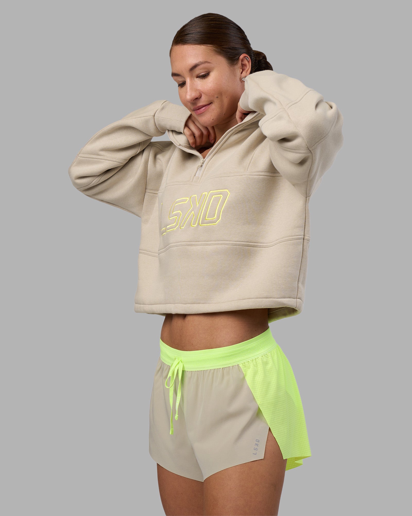 Slam Quarter Zip Sweater - Shale Beige-Lime Glo | LSKD