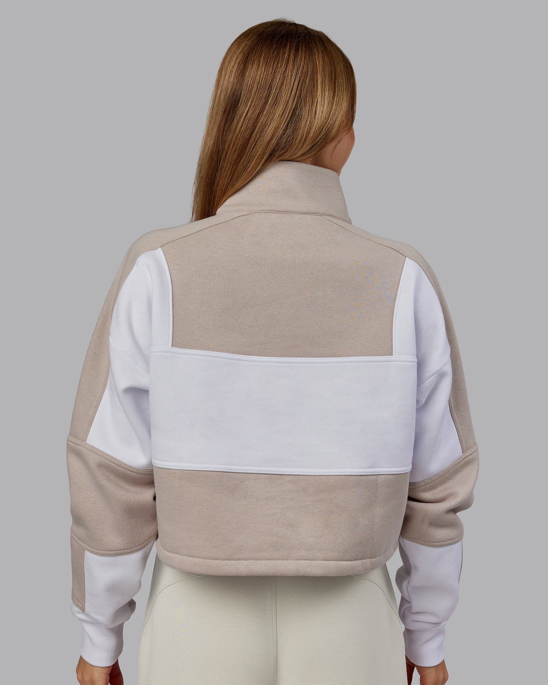 Woman wearing Slam Quarter Zip Sweater - Shale Beige-White | Model:Emilie | Size:S