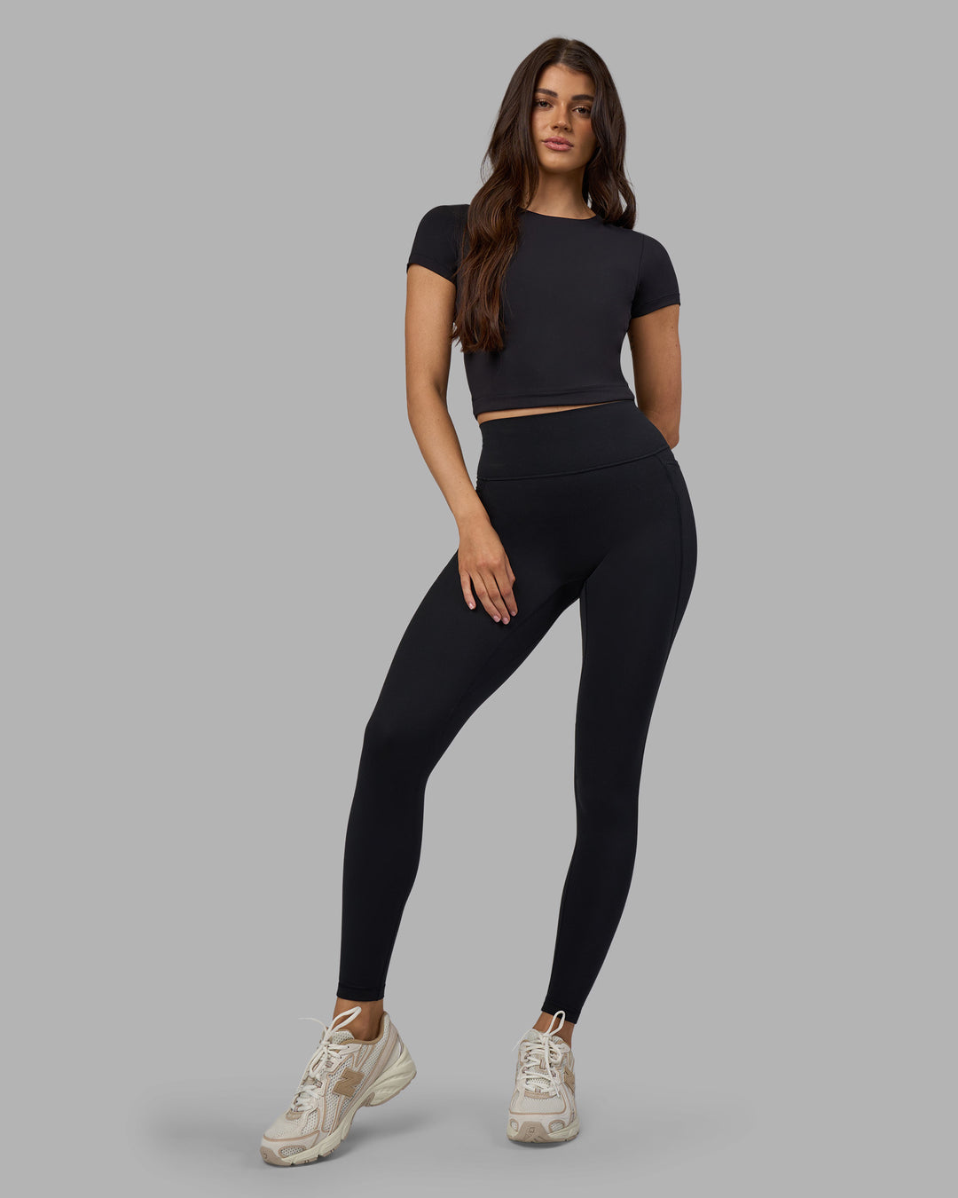 Woman wearing Staple Cropped Tee - Black | Model:Phoebe | Size:S