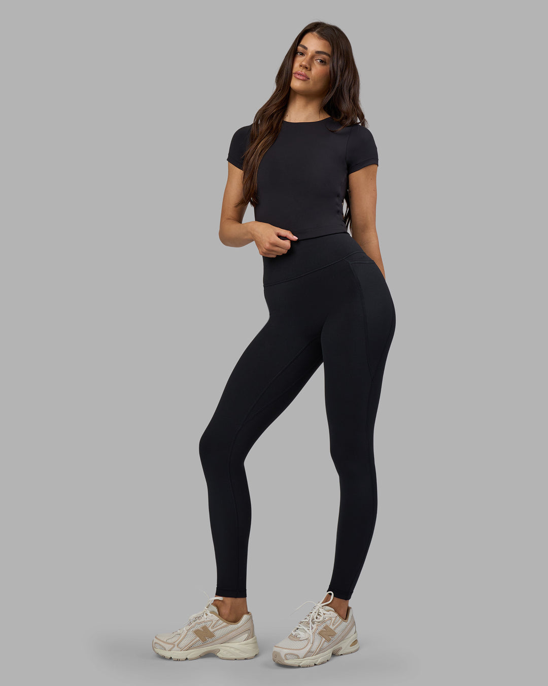 Woman wearing Staple Cropped Tee - Black | Model:Phoebe | Size:S