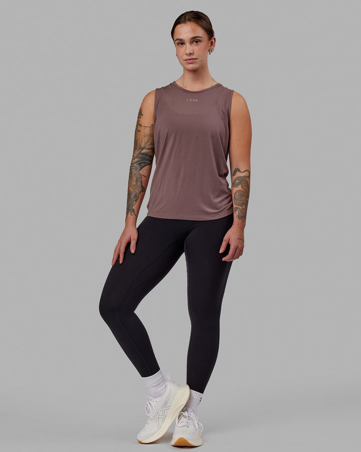 Woman wearing Swivel Open Back Tank - Peppercorn