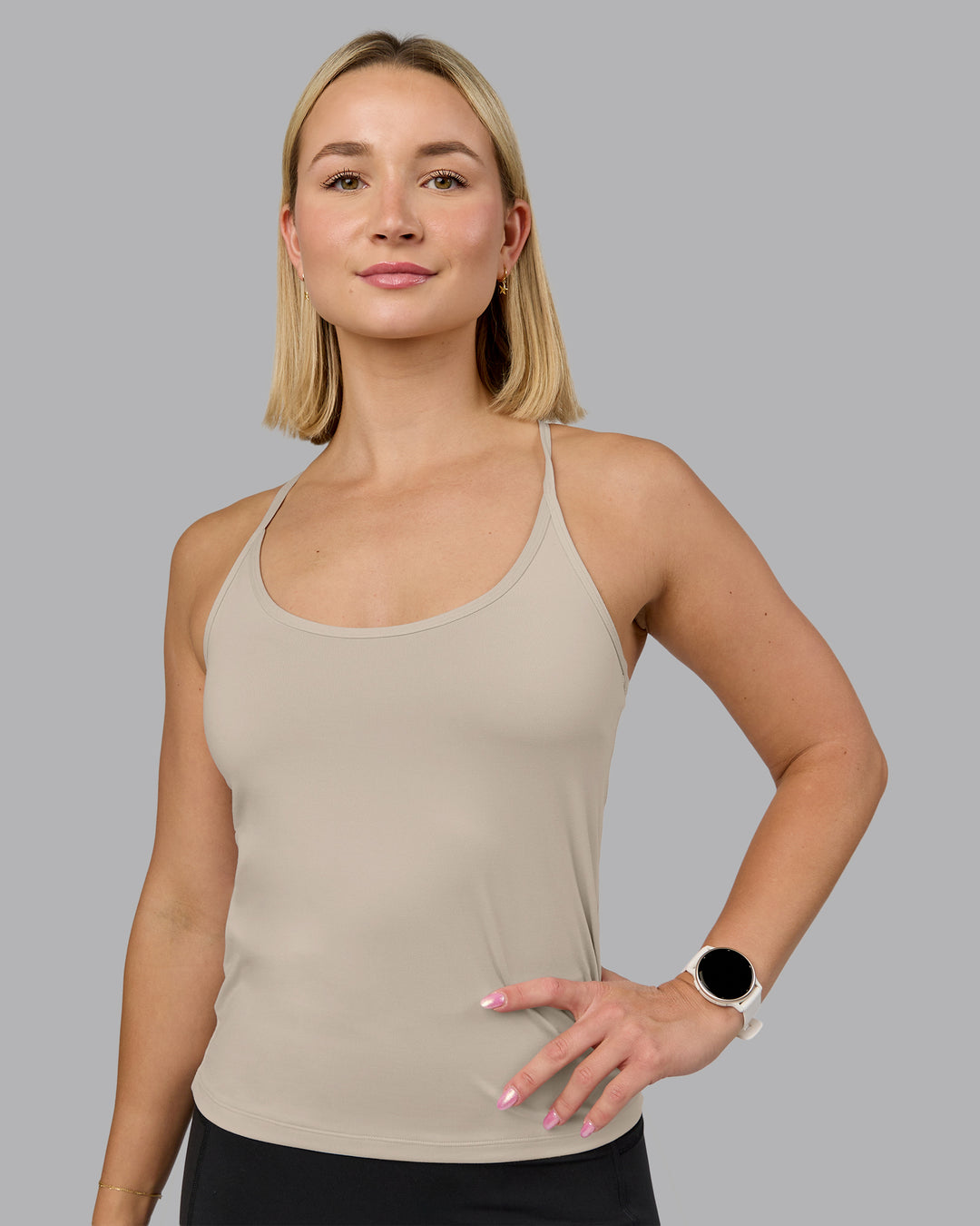 Woman wearing Transition CloudFLX Shelf Bra Tank - Shale Beige | Model:Halle | Size:S