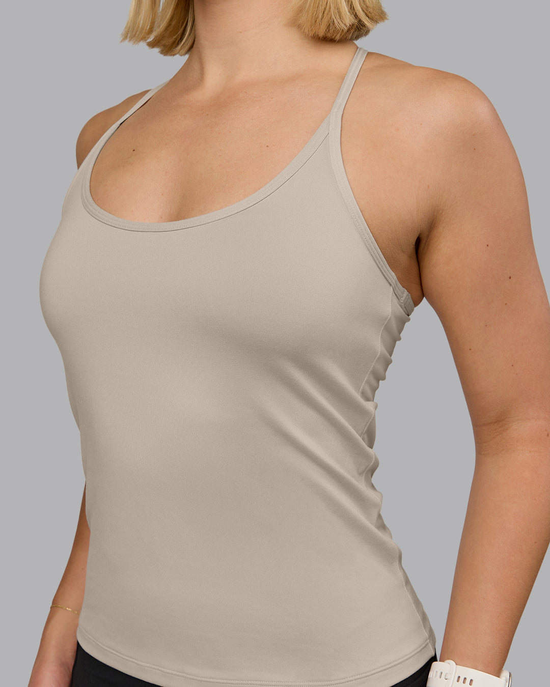 Woman wearing Transition CloudFLX Shelf Bra Tank - Shale Beige | Model:Halle | Size:S
