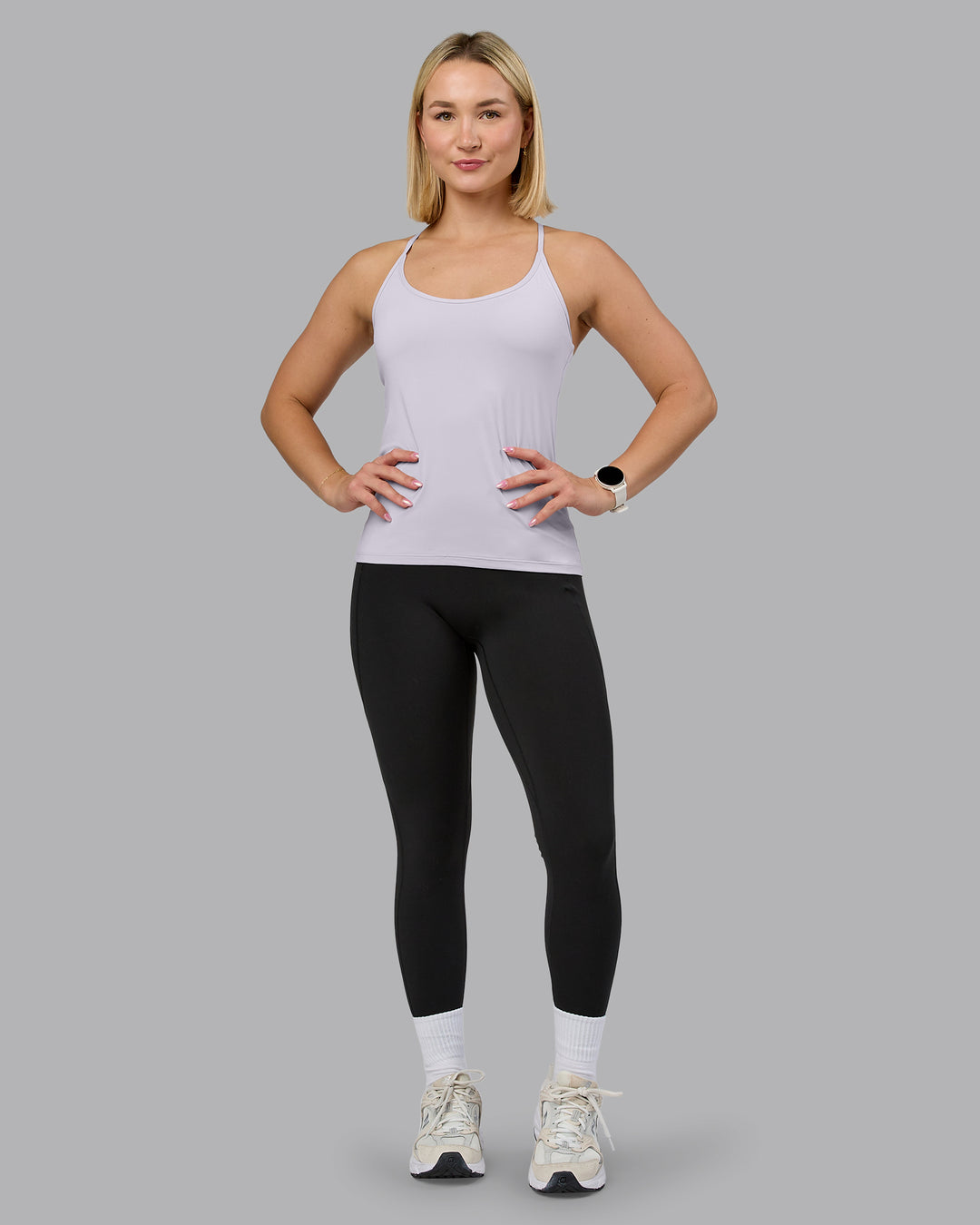 Woman wearing Transition CloudFLX Shelf Bra Tank - Soft Grey | Model:Halle | Size:S