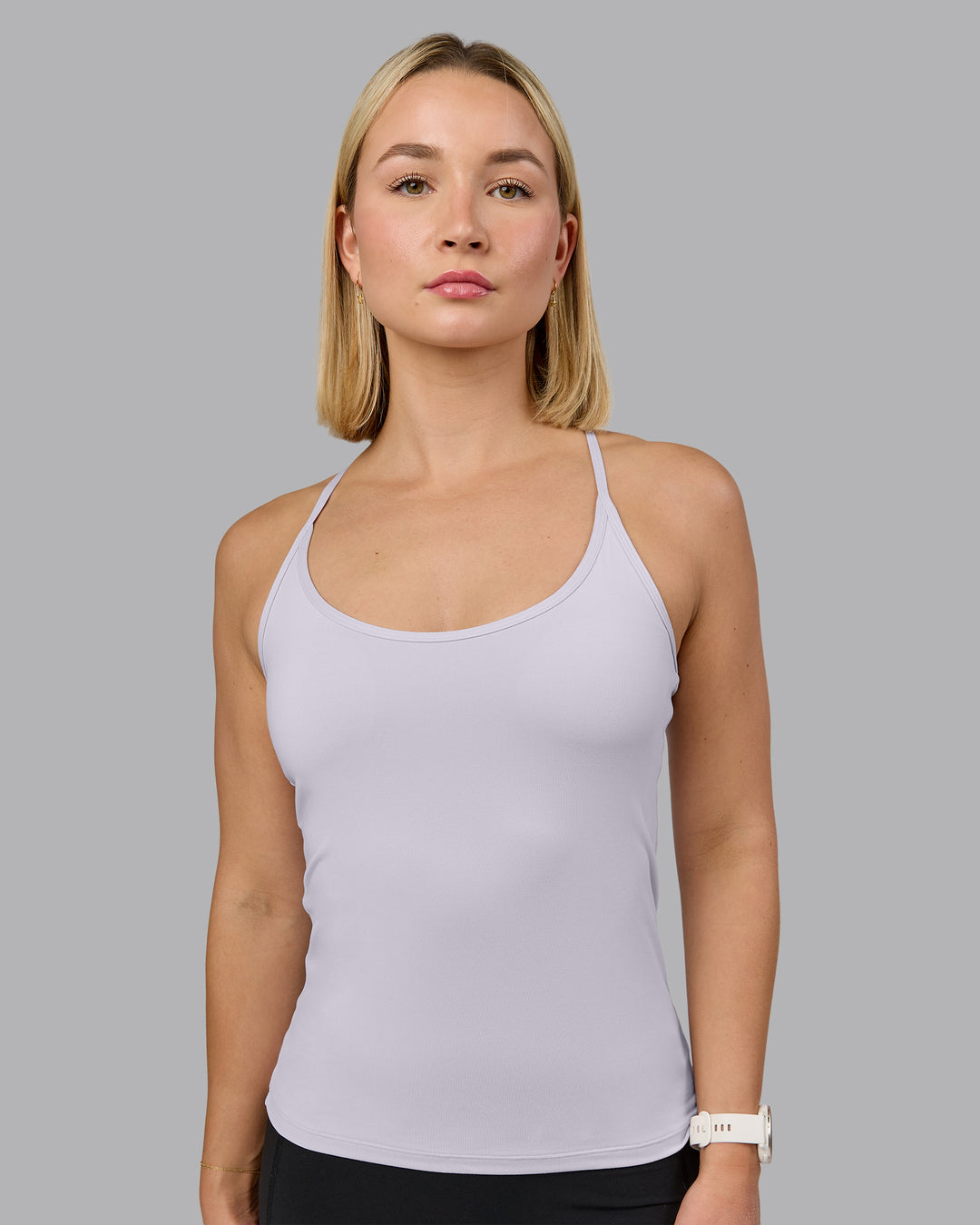 Woman wearing Transition CloudFLX Shelf Bra Tank - Soft Grey | Model:Halle | Size:S