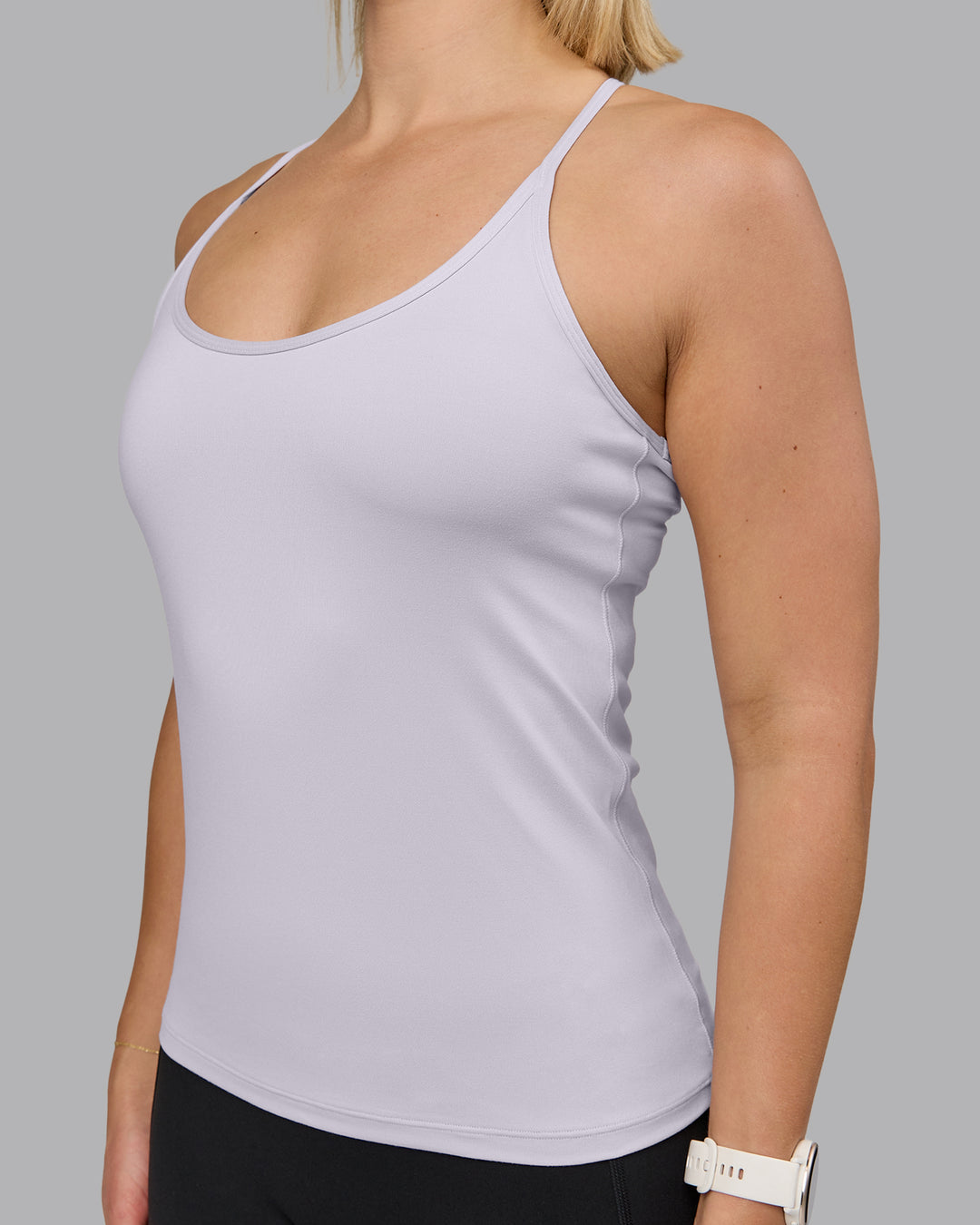 Woman wearing Transition CloudFLX Shelf Bra Tank - Soft Grey | Model:Halle | Size:S