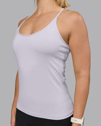 Woman wearing Transition CloudFLX Shelf Bra Tank - Soft Grey | Model:Halle | Size:S