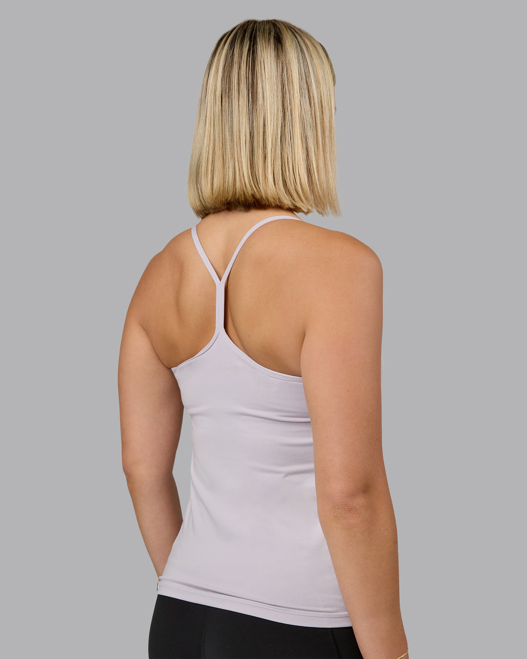 Woman wearing Transition CloudFLX Shelf Bra Tank - Soft Grey | Model:Halle | Size:S
