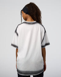 Woman wearing Urban Blur Heavyweight Unisex Oversized Tee - White-Black | Model:Jordan | Size:S