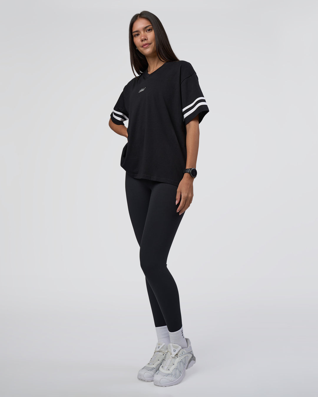 Woman wearing Victory FLXCotton Oversized Tee - Black-White | Model:Rhiley | Size:S