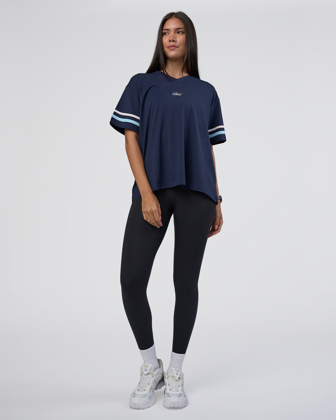 Woman wearing Victory FLXCotton Oversized Tee - Future Navy-Glacial Blue | Model:Rhiley | Size:S