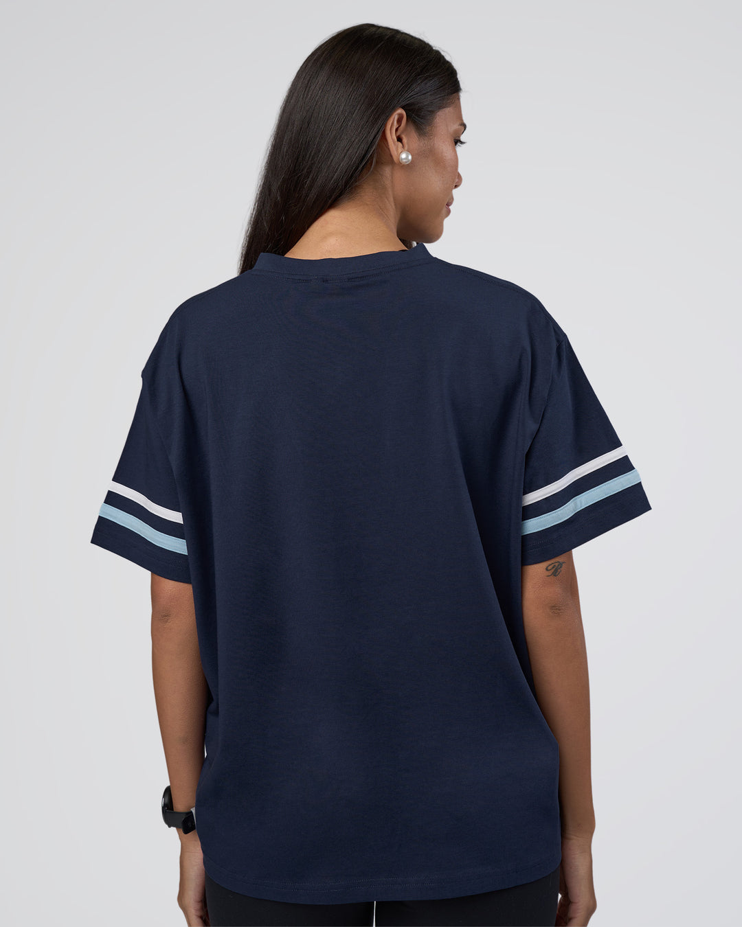Woman wearing Victory FLXCotton Oversized Tee - Future Navy-Glacial Blue | Model:Rhiley | Size:S