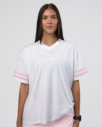 Woman wearing Victory FLXCotton Oversized Tee - White-Marshmallow | Model:Rhiley | Size:S