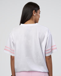 Woman wearing Victory FLXCotton Oversized Tee - White-Marshmallow | Model:Rhiley | Size:S