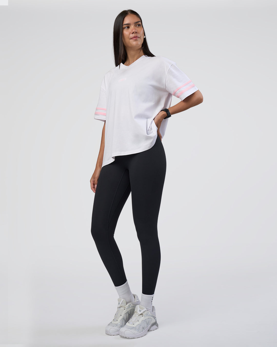 Woman wearing Victory FLXCotton Oversized Tee - White-Marshmallow | Model:Rhiley | Size:S