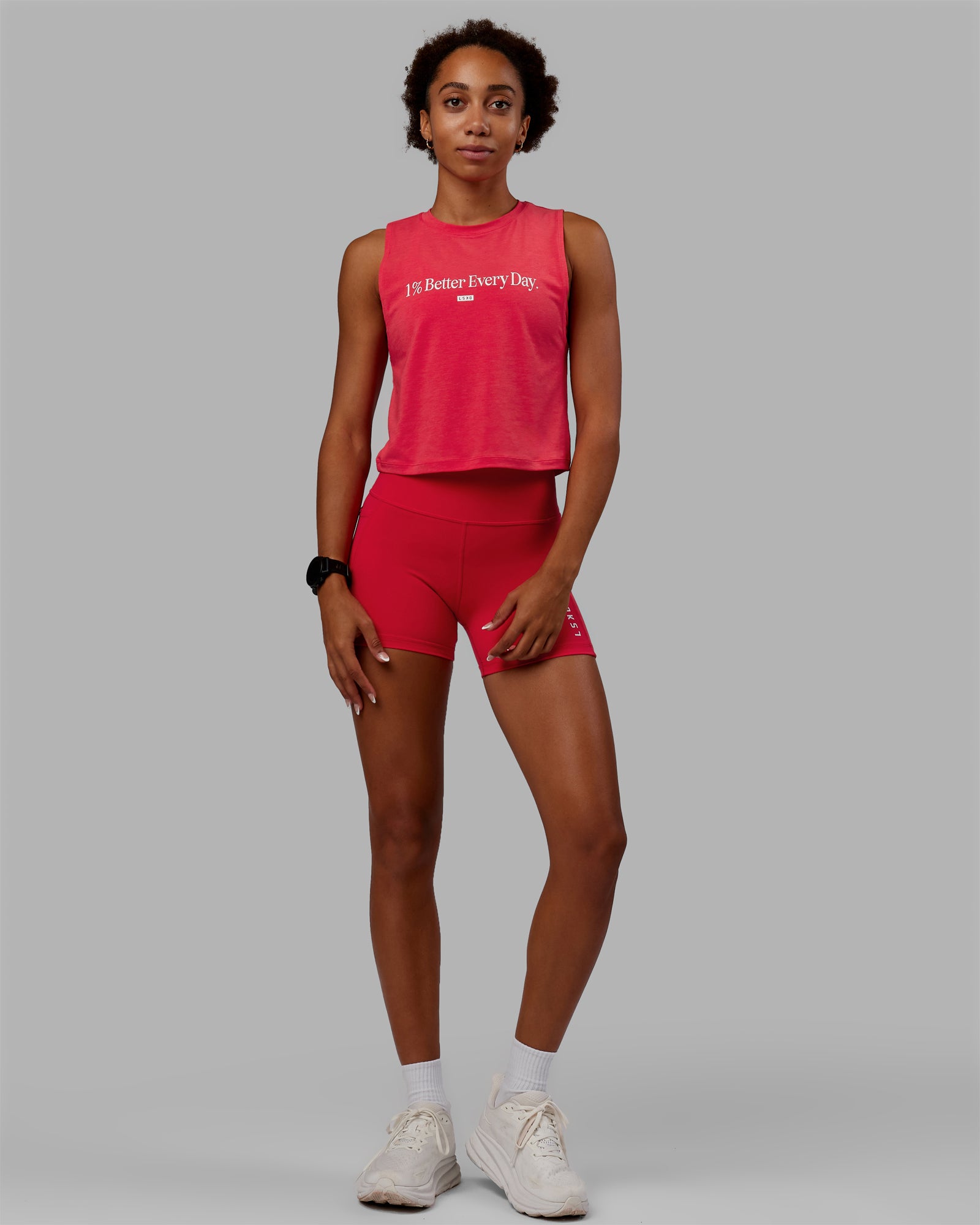 Woman wearing Vital 1% Better Cropped Training Tank - Scarlet Marl-White