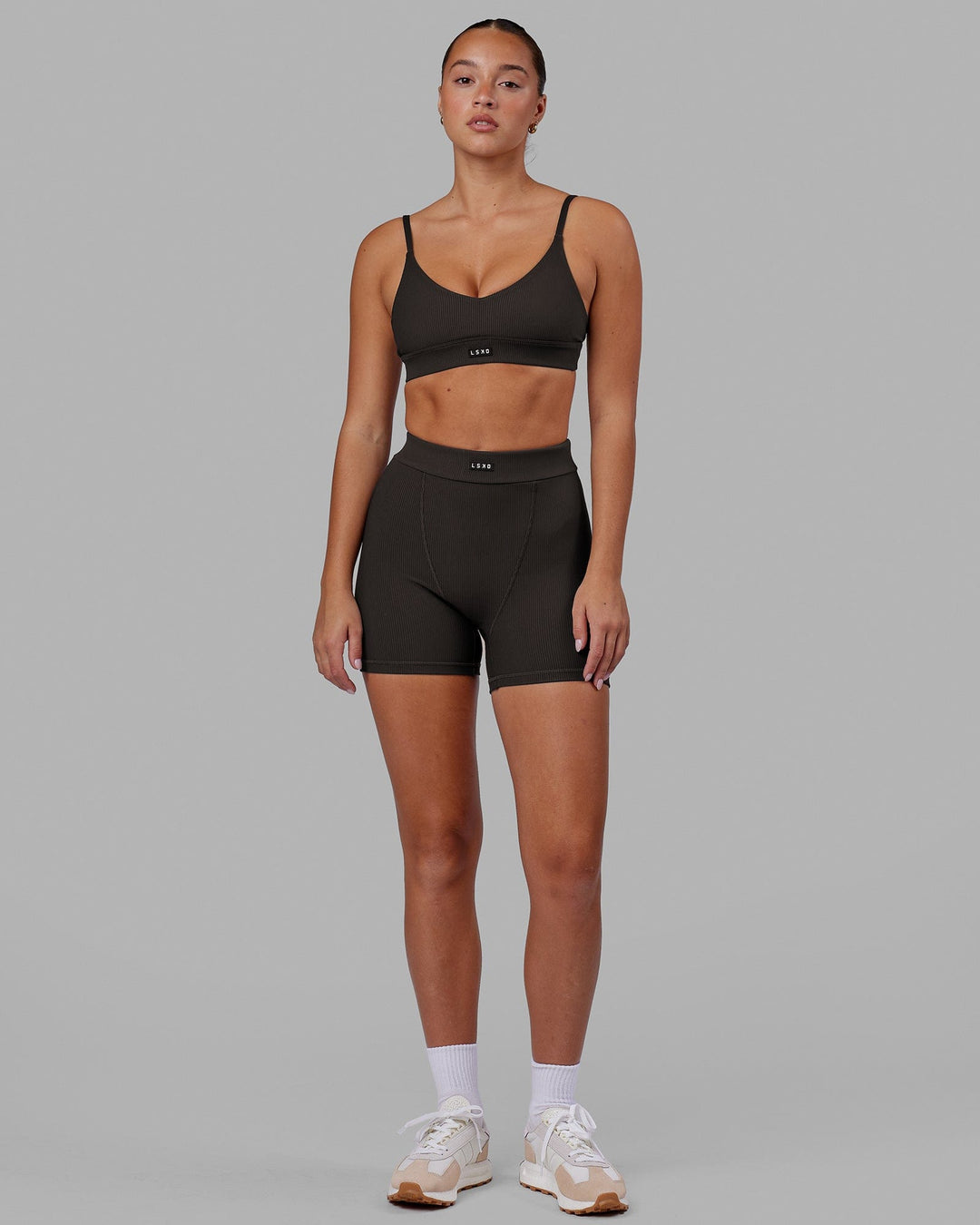 Woman wearing Vitalise Ribbed Bralette - Dark Walnut