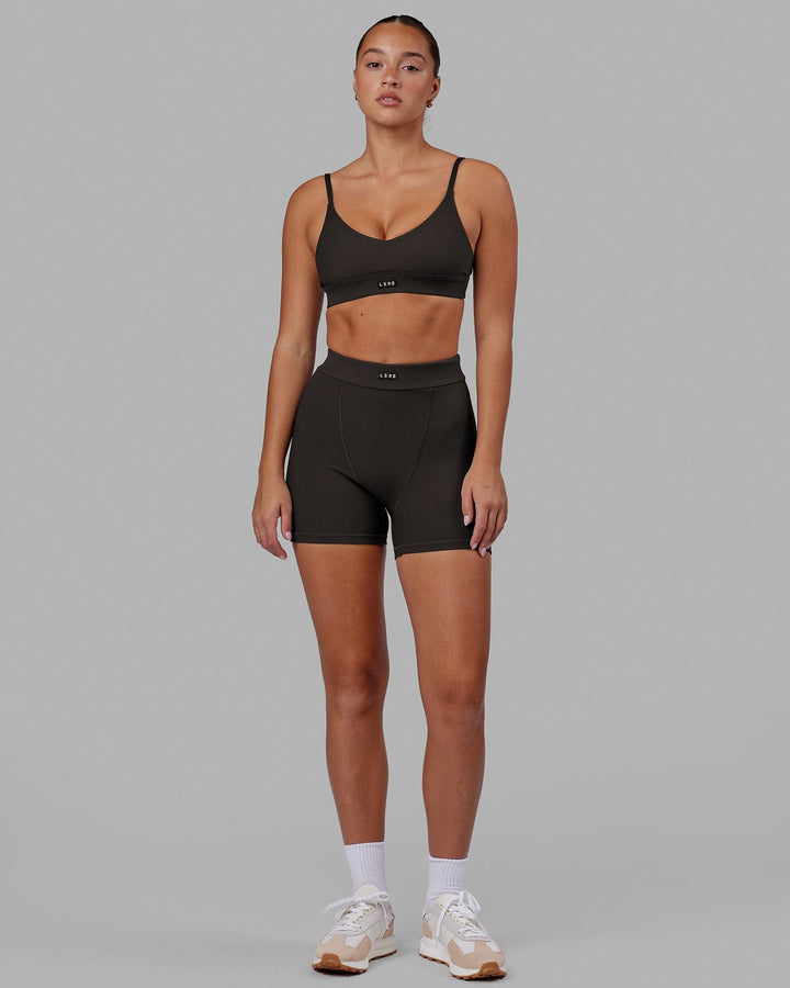 Woman wearing Vitalise Ribbed Bralette - Dark Walnut