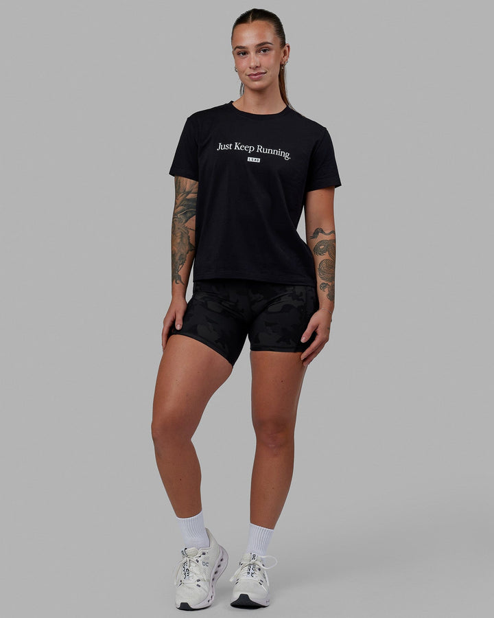 Woman wearing Just Keep Running FLXCotton Tee - Black-White