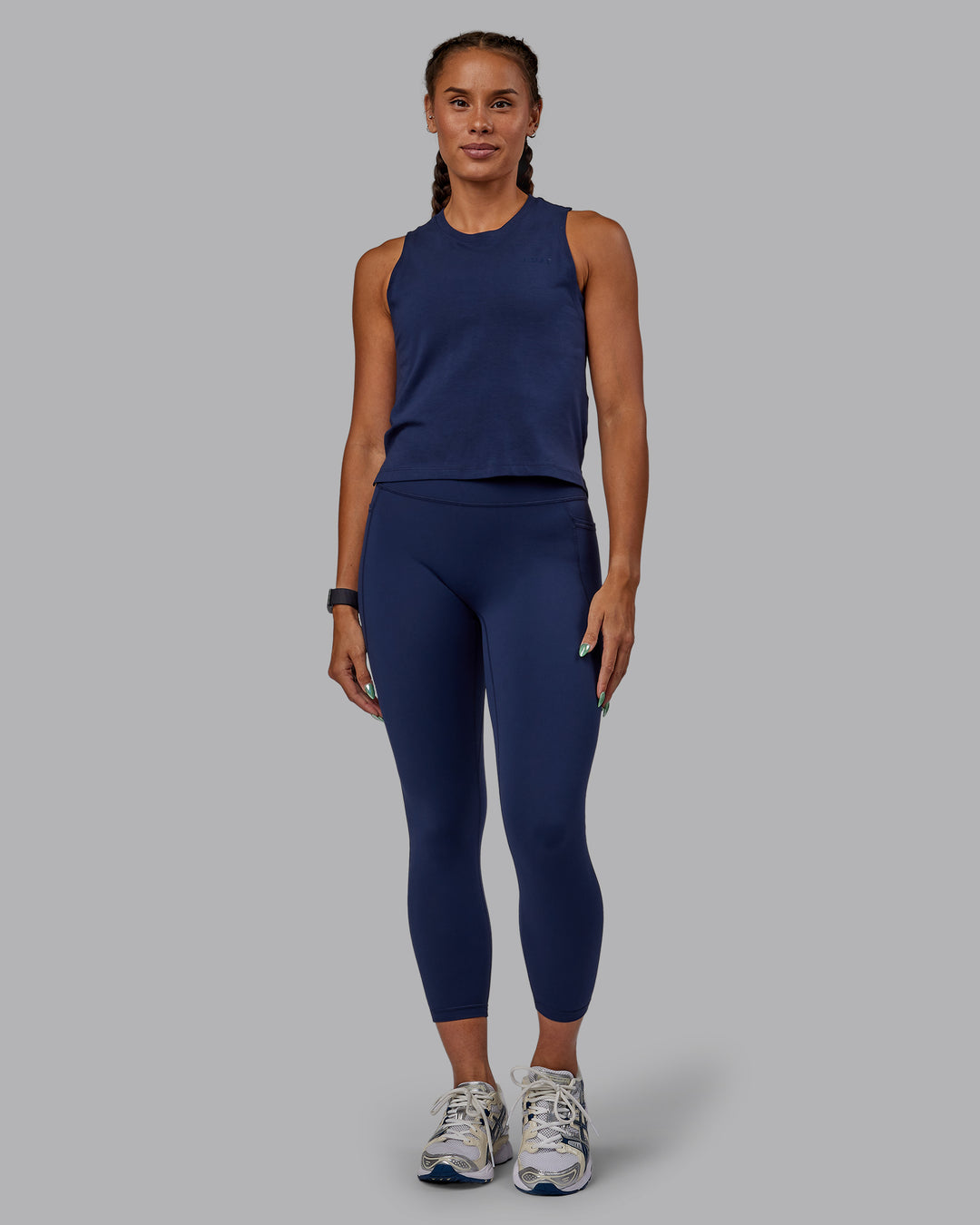 Woman wearing Deluxe PimaFLX Tank - Future Navy