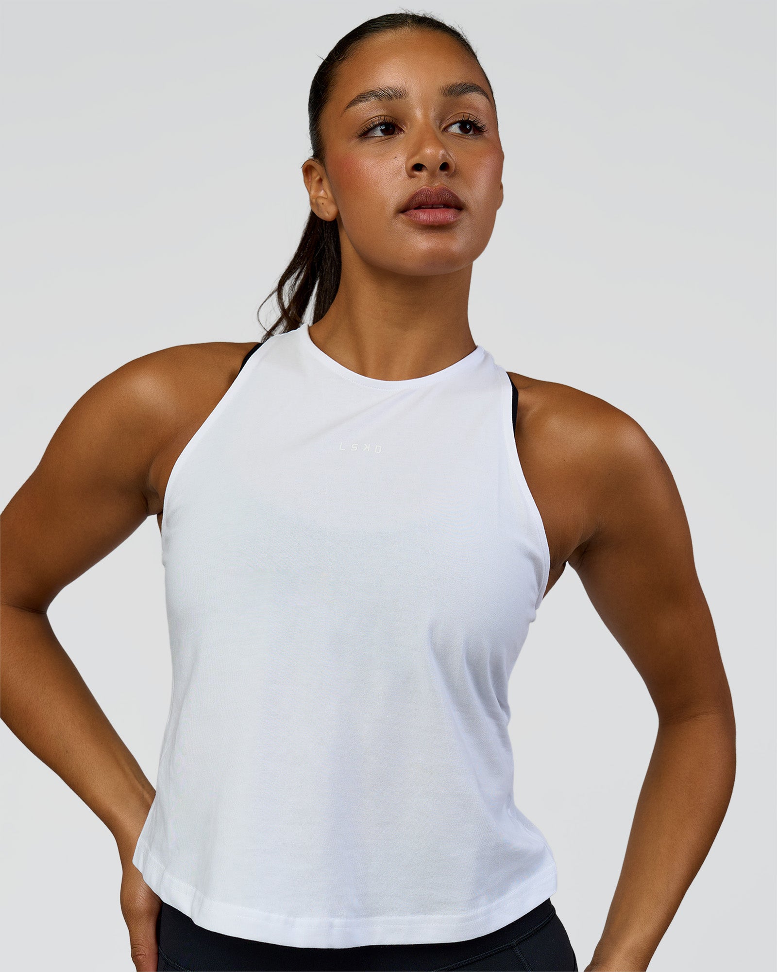 Woman wearing Wrap It Up FLXCotton Tank - White | Model:Rosie | Size:S
