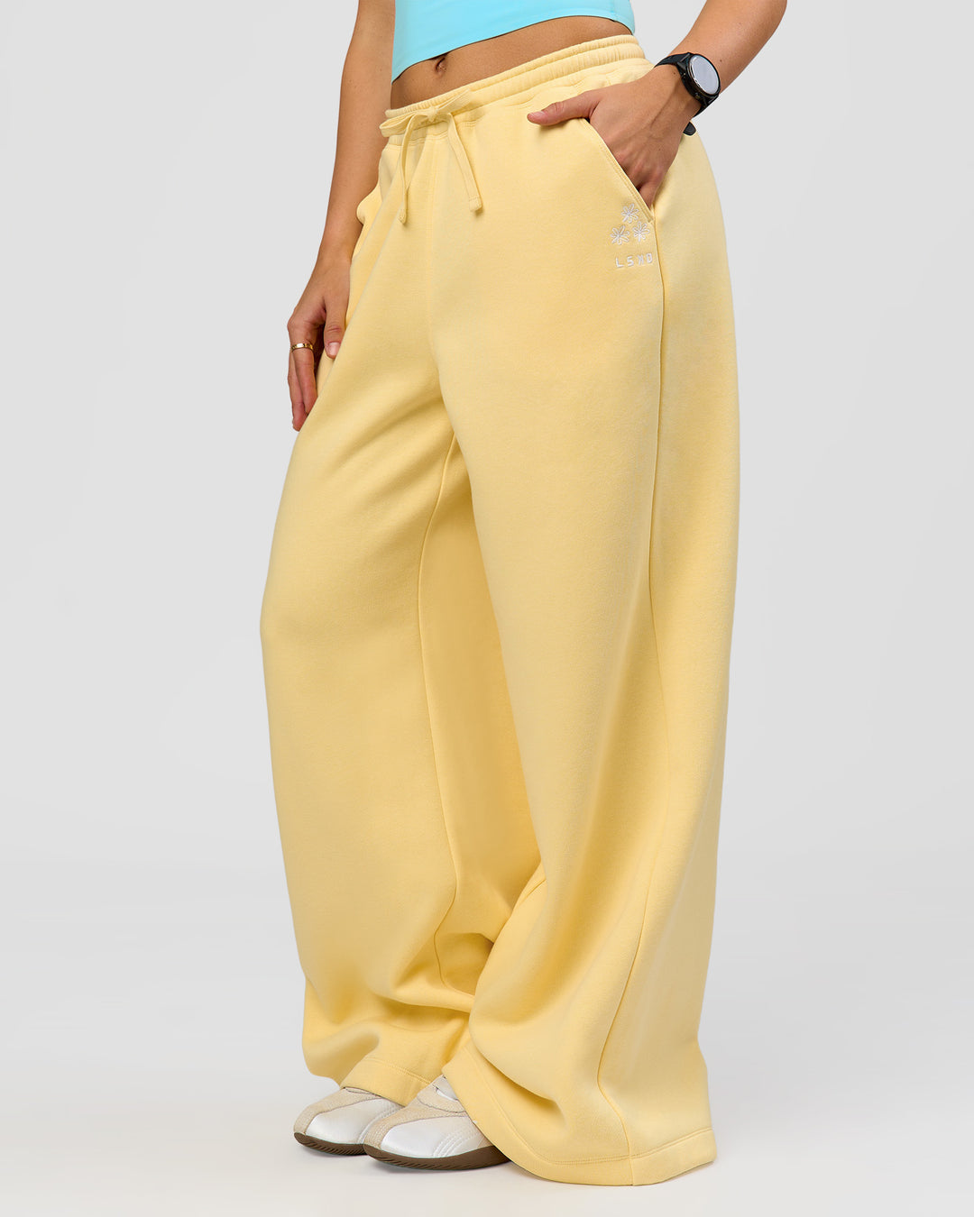 Woman wearing Zola Wide Leg Lounge Pant - Lemon | Model:Grace | Size:S