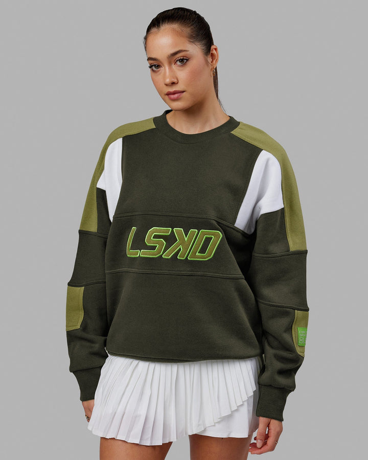 Woman wearing Unisex Slam Sweater Oversize - Forest Night-Moss Stone