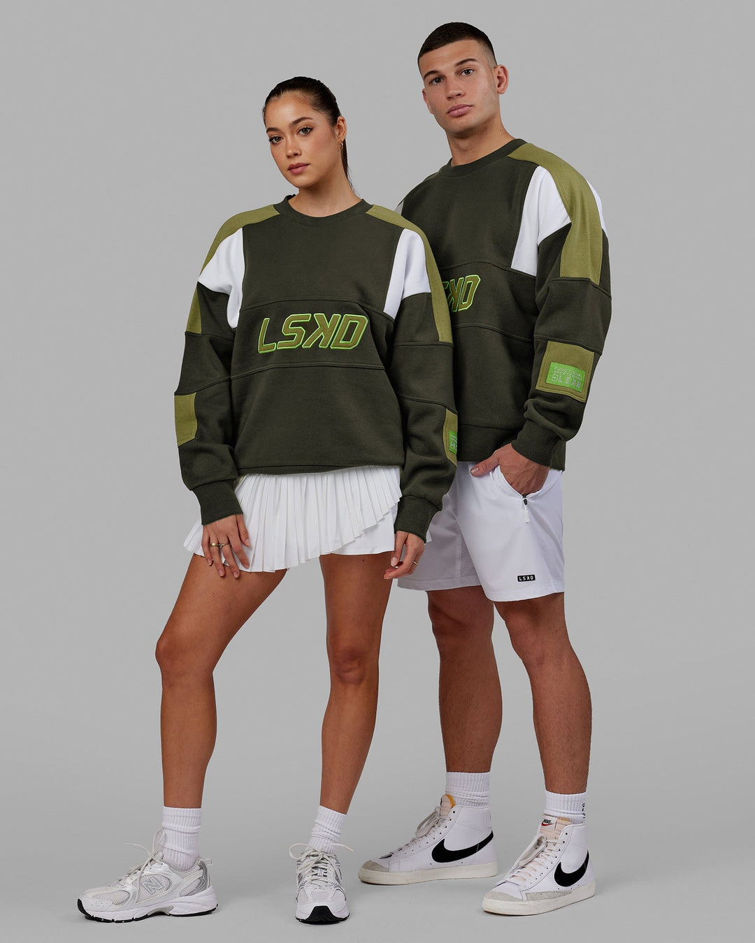 Duo wearing Unisex Slam Sweater Oversize - Forest Night-Moss Stone