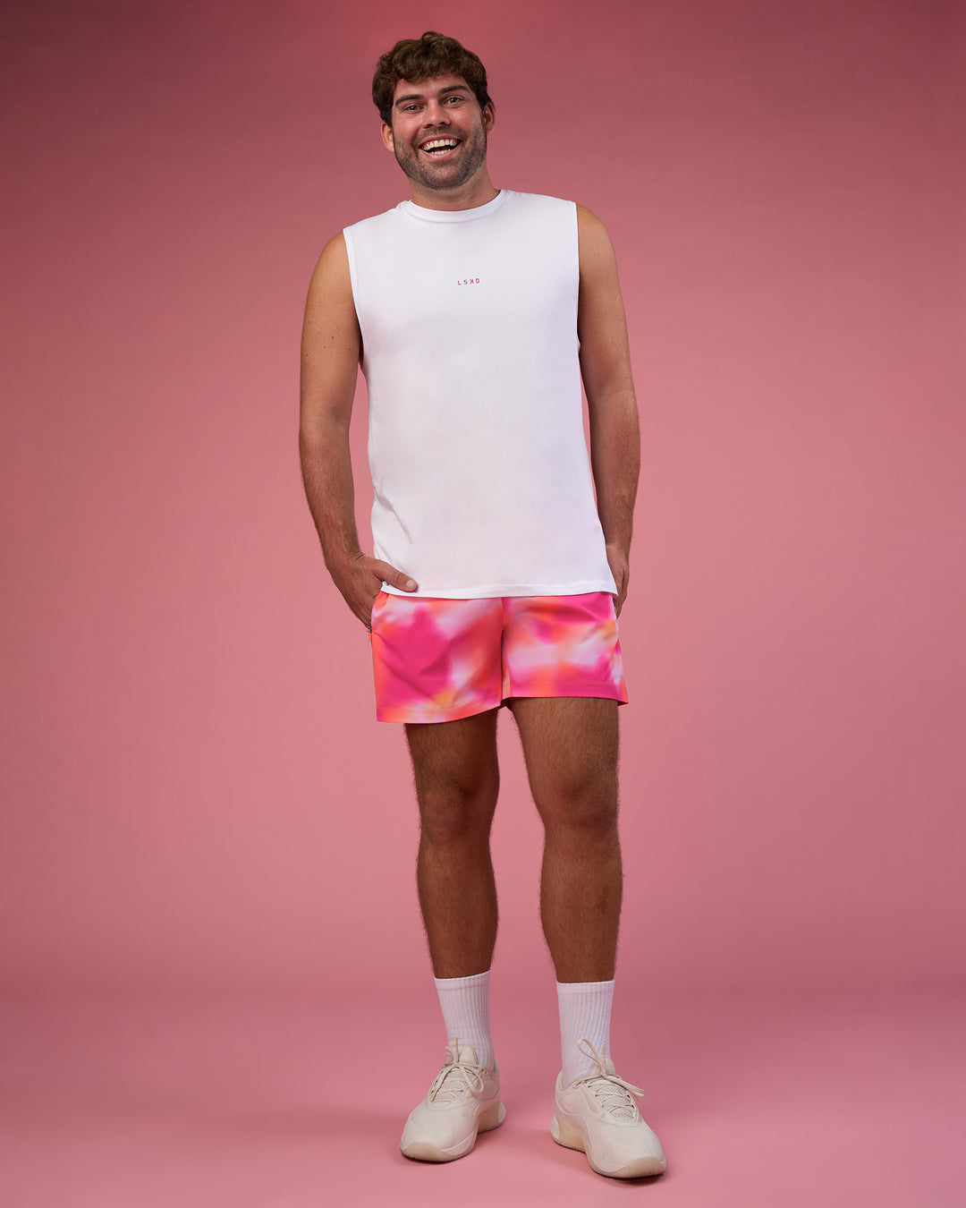 Man wearing BCAM FLXCotton Muscle Tank - White-Ultra Pink | Model:Fletcher | Size:XL