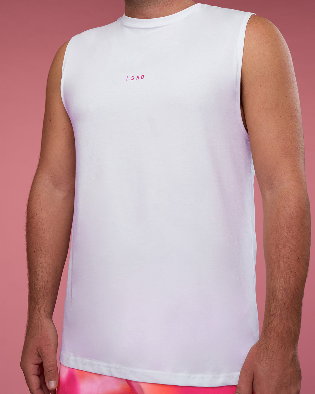 Man wearing BCAM FLXCotton Muscle Tank - White-Ultra Pink | Model:Fletcher | Size:XL