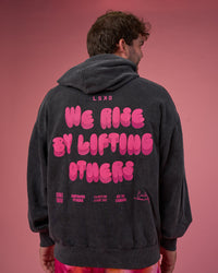 Man wearing BCAM Washed Unisex Oversized Hoodie - Black Washed-Pink | Model:Fletcher | Size:XL
