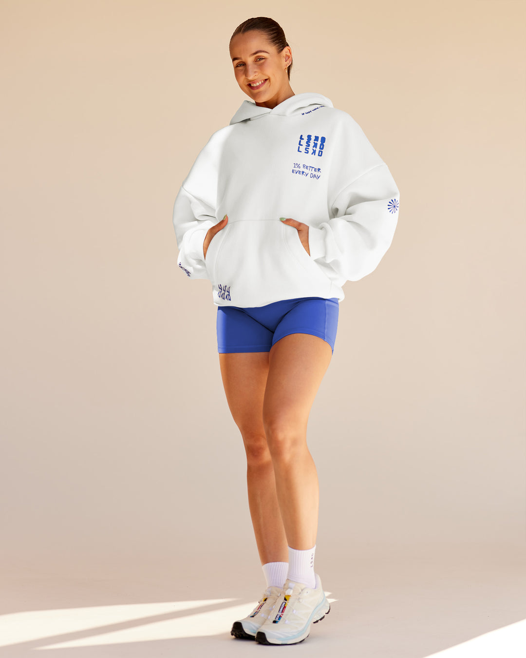 Woman wearing Abs If Not Now When Unisex Oversized Hoodie - Vaporous Gray | Model:Abbey | Size:XS