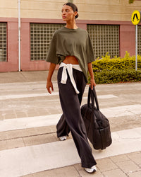 Woman wearing AfterDark ZeroCrease Oversized Tee - Walnut Grey | Model:Nejilka | Size:XS