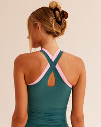 Woman wearing Bend & FLX Plunge Tank - Transformative Teal | Model:Georgia | Size:XS