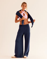 Woman wearing Elevate SoftTouch Wide Leg Pant - Future Navy | Model:Georgia | Size:XS