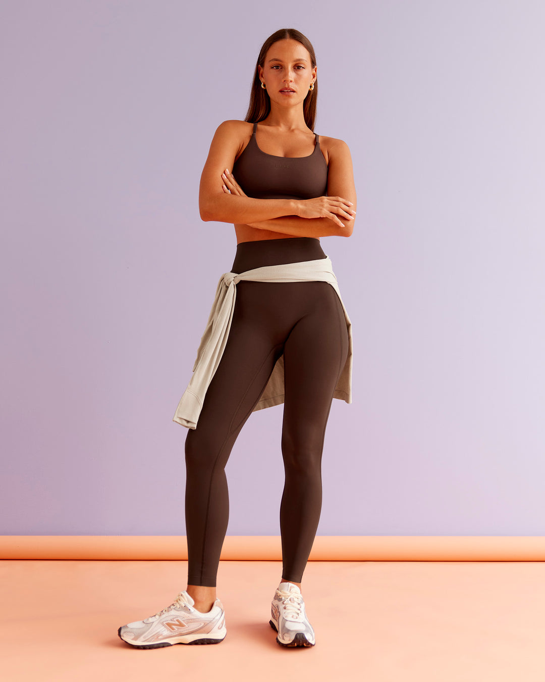 Woman wearing Elixir Ultra High-Rise Full Length Legging Pockets - Hot Chocolate | Model:Brylee | Size:XS