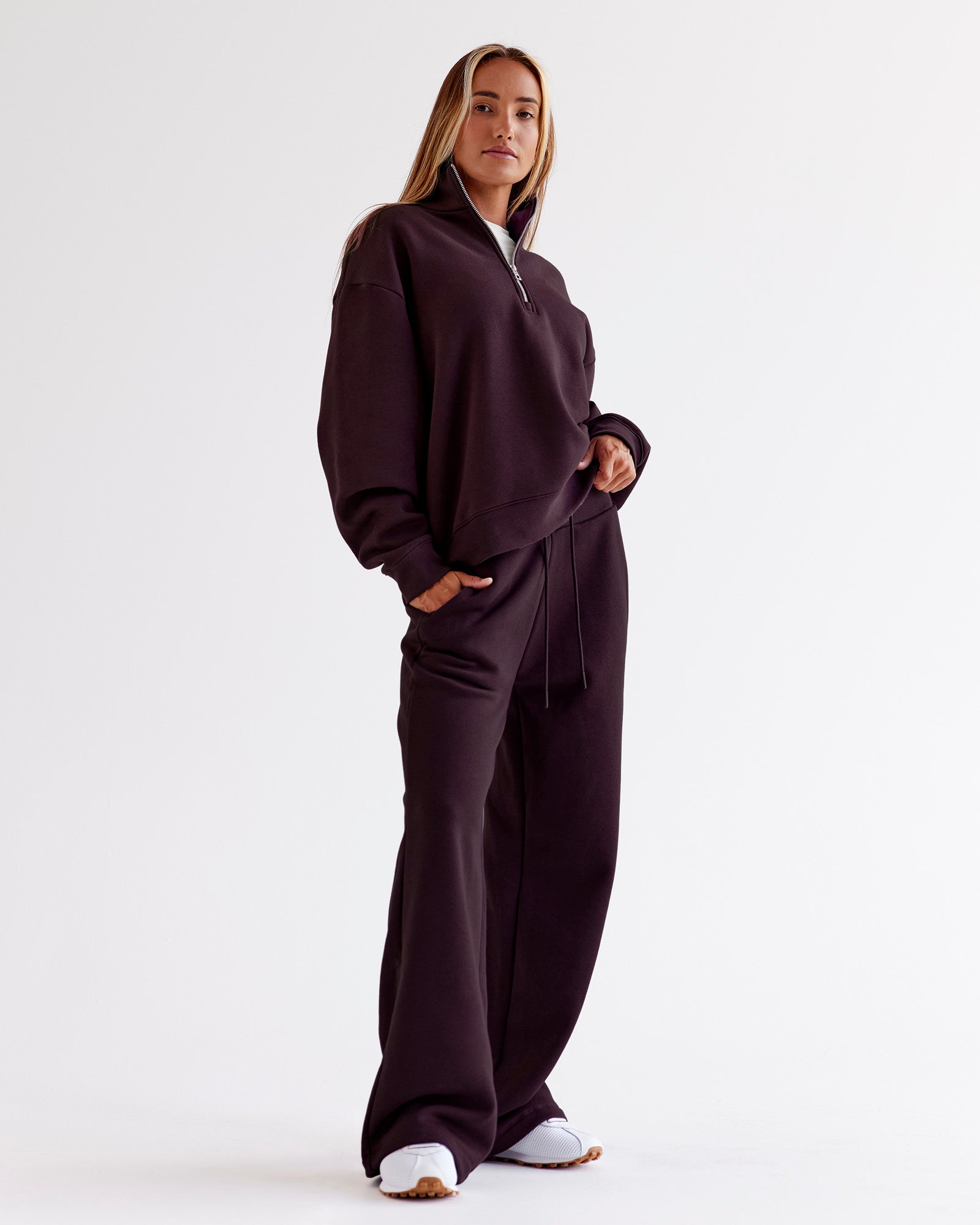 Woman wearing Go-To Oversized Quarter Zip Sweater - Midnight Plum | Model:Jaimee | Size:XS