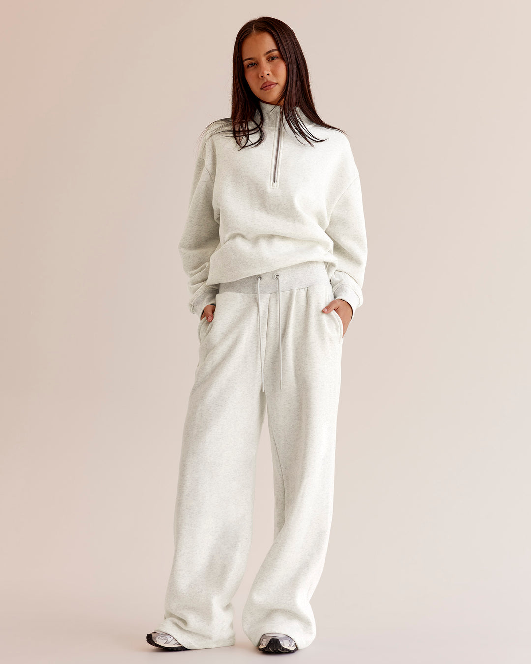 Woman wearing Go-To Oversized Quarter Zip Sweater - Silver Marl | Model:Eliza | Size:XS