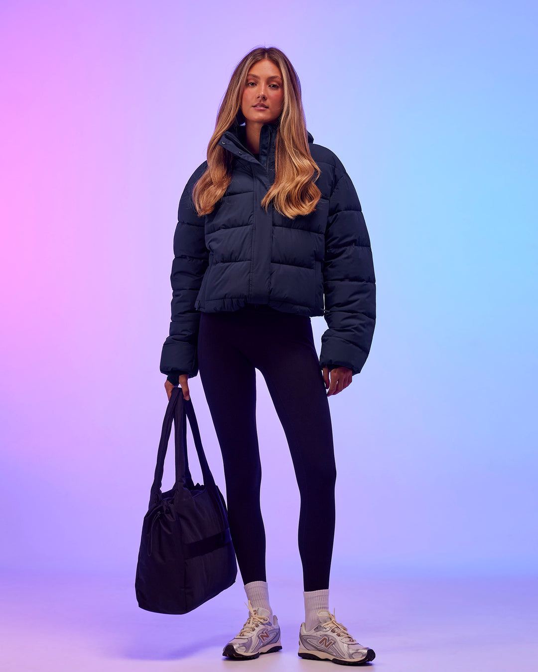 Woman wearing Go-To Puffer Jacket - Future Navy | Model:Georgia | Size:XS - view 2