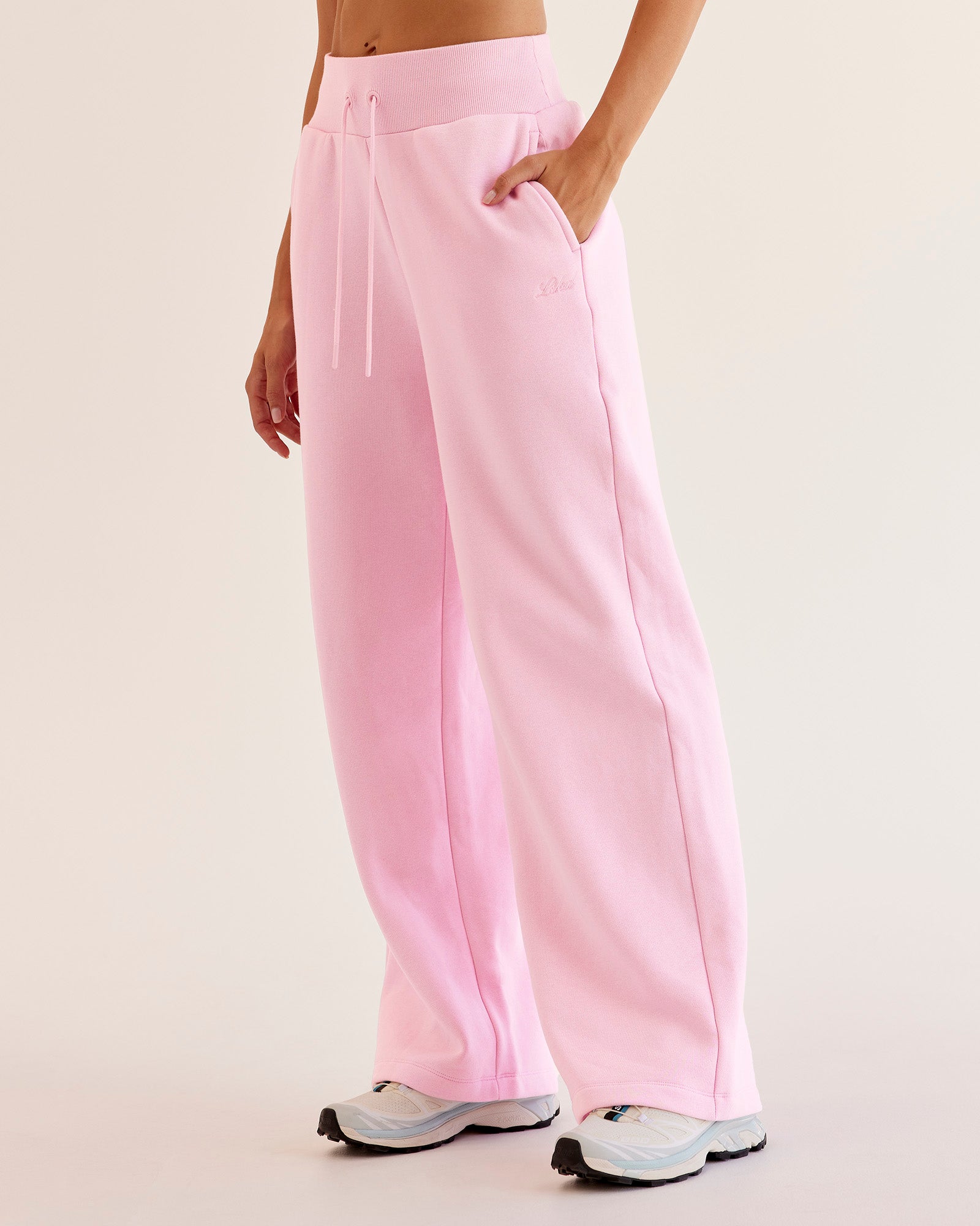 Woman wearing Go-To Script Wide Leg Track Pant - Marshmallow | Model:Taneisha | Size:XS
