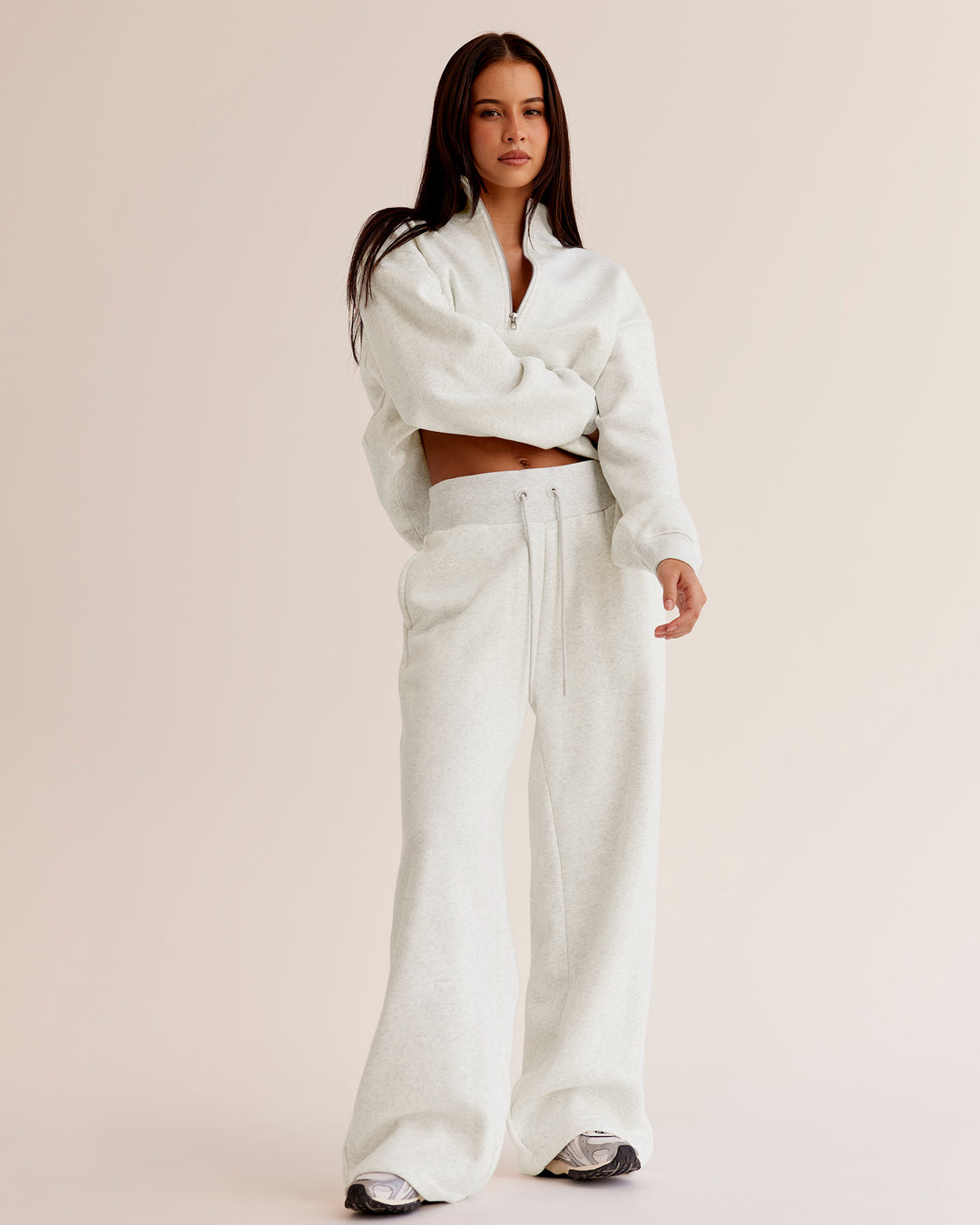 Woman wearing Go-To Wide Leg Track Pant - Silver Marl | Model:Eliza | Size:XS