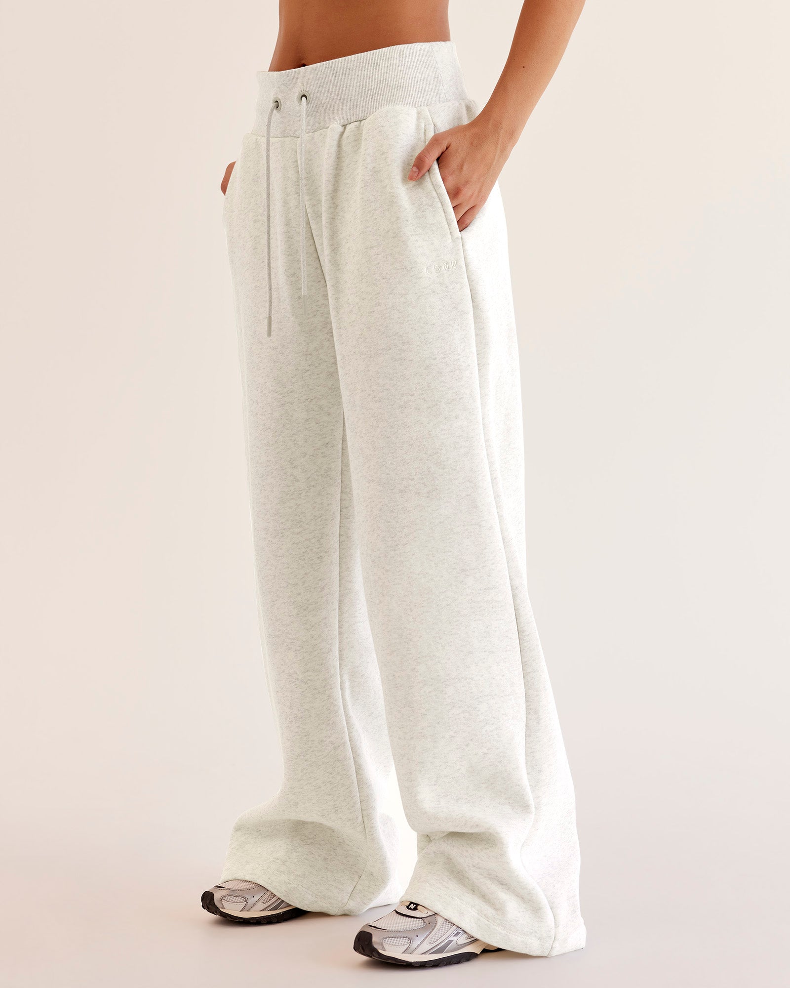 Woman wearing Go-To Wide Leg Track Pant - Silver Marl | Model:Eliza | Size:XS