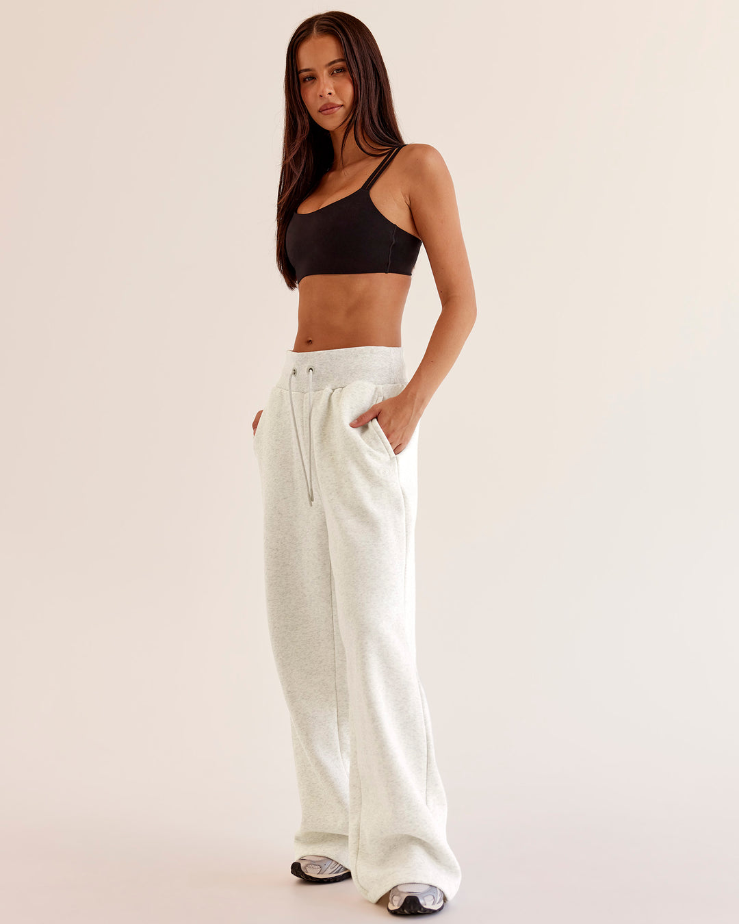 Woman wearing Go-To Wide Leg Track Pant - Silver Marl | Model:Eliza | Size:XS