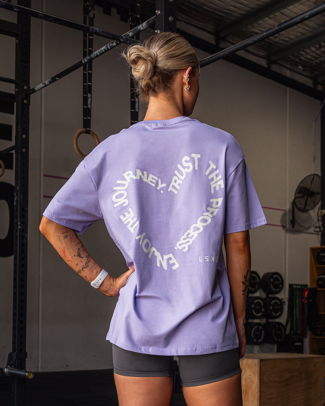 Woman wearing Love The Process FLXCotton Oversize Tee - Violet Ray-Bone | Size:XS