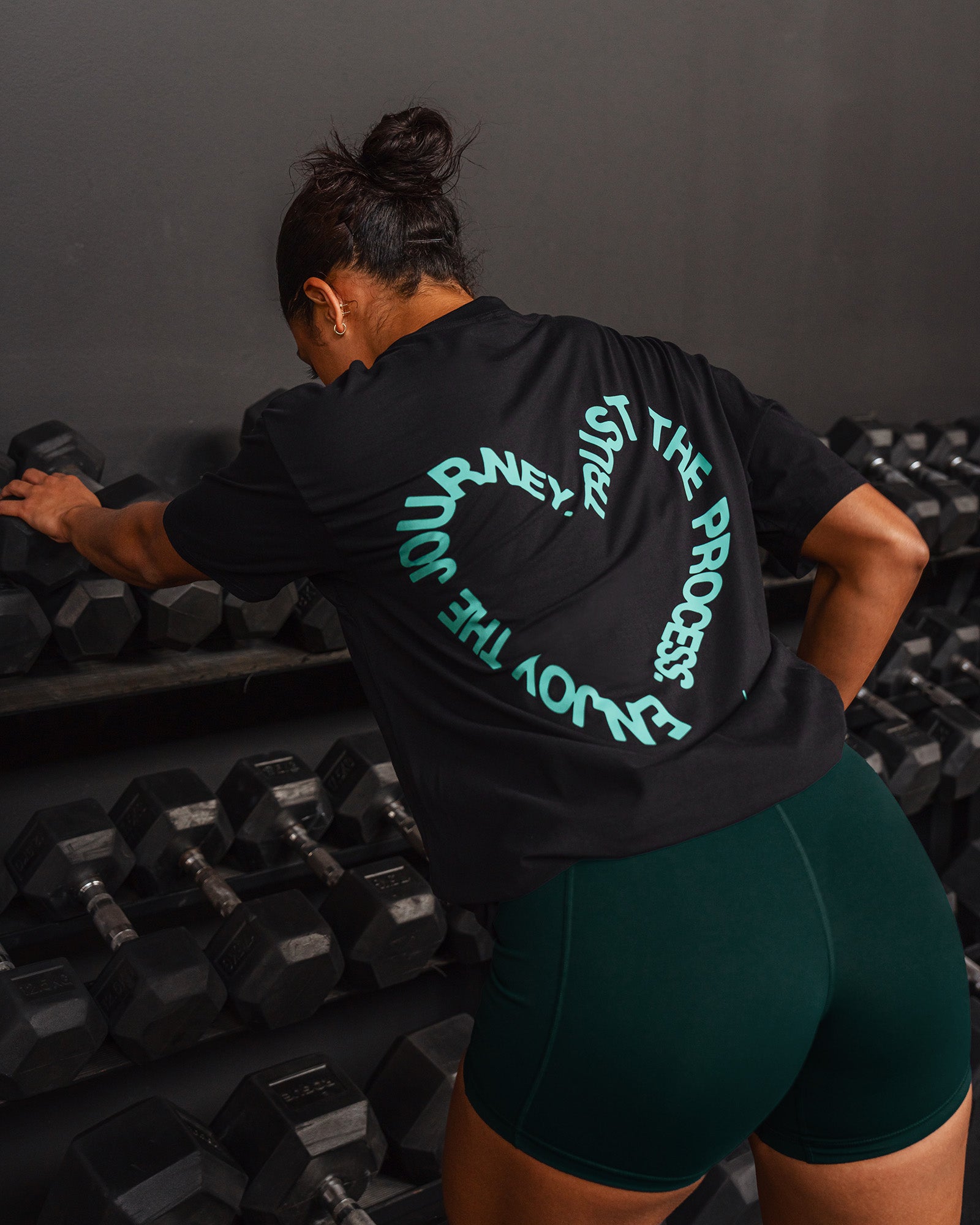 Woman wearing Love The Process FLXCotton Oversize Tee - Black-Agate Green | Size:XS